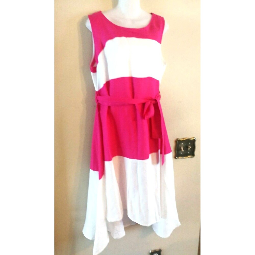 Women EY Signature 55% Linen 45% Rayon Pink White Asymmetrical Midi Dress Size M